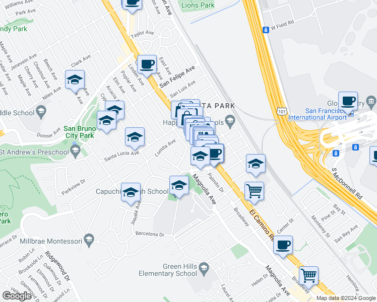map of restaurants, bars, coffee shops, grocery stores, and more near 38 Linden Avenue in San Bruno