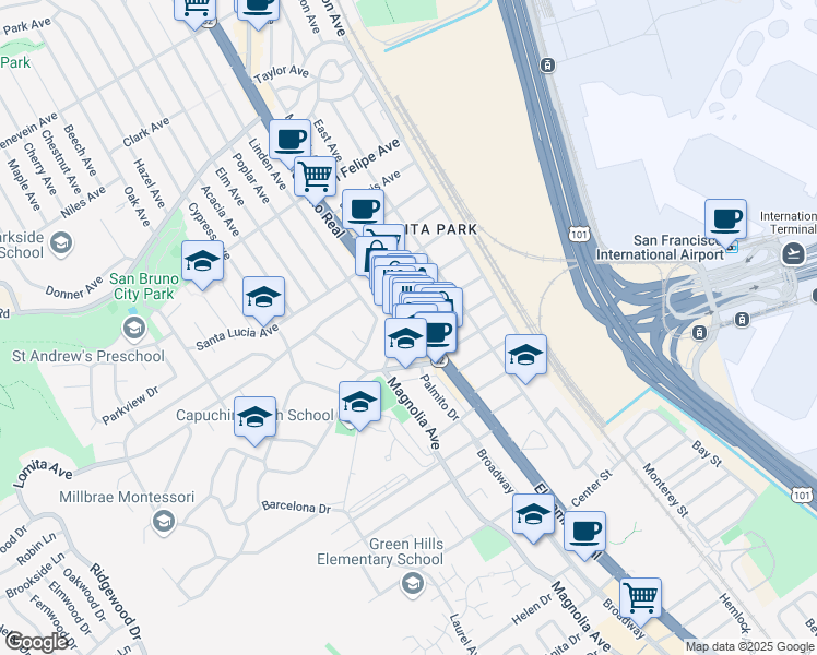 map of restaurants, bars, coffee shops, grocery stores, and more near 117 Santa Inez Avenue in San Bruno