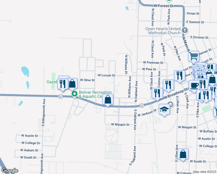 map of restaurants, bars, coffee shops, grocery stores, and more near 399 Barker Ave in Bolivar