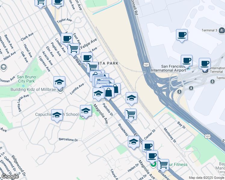 map of restaurants, bars, coffee shops, grocery stores, and more near 165 Santa Clara Avenue in San Bruno