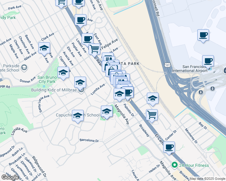 map of restaurants, bars, coffee shops, grocery stores, and more near 52 Linden Avenue in San Bruno
