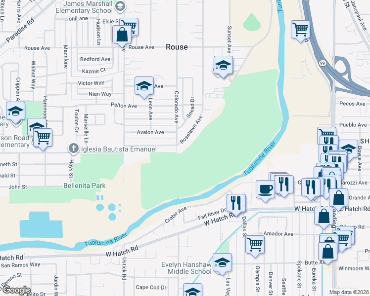 map of restaurants, bars, coffee shops, grocery stores, and more near 1213 Roselawn Avenue in Modesto