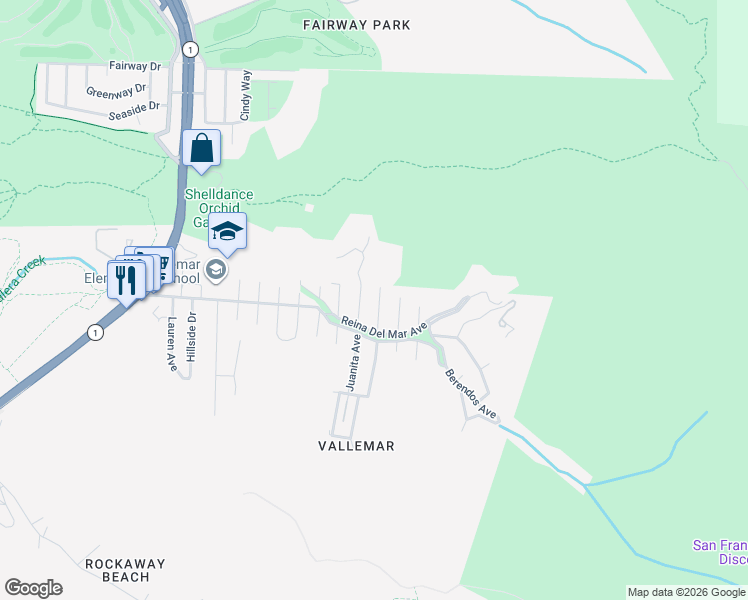 map of restaurants, bars, coffee shops, grocery stores, and more near 107 Angelita Avenue in Pacifica