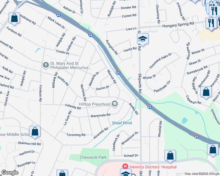 map of restaurants, bars, coffee shops, grocery stores, and more near 2007 Kamankeag Road in Henrico