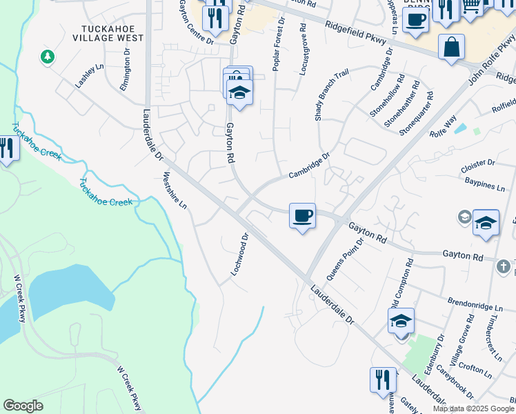 map of restaurants, bars, coffee shops, grocery stores, and more near 1802 Cambridge Court in Richmond