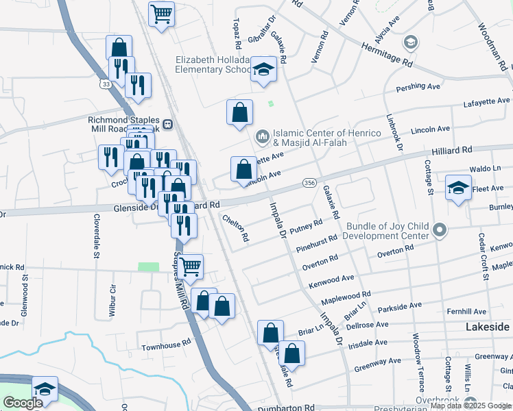 map of restaurants, bars, coffee shops, grocery stores, and more near 3009 Hilliard Road in Richmond
