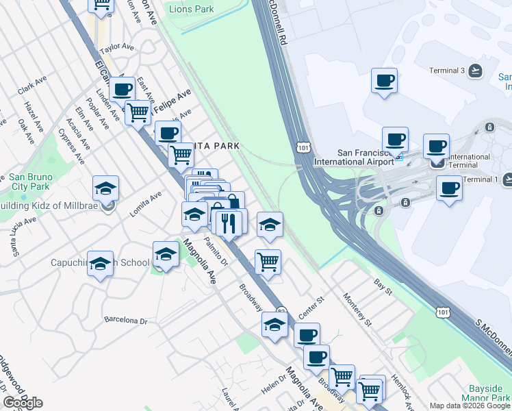 map of restaurants, bars, coffee shops, grocery stores, and more near 241 San Diego Avenue in San Bruno