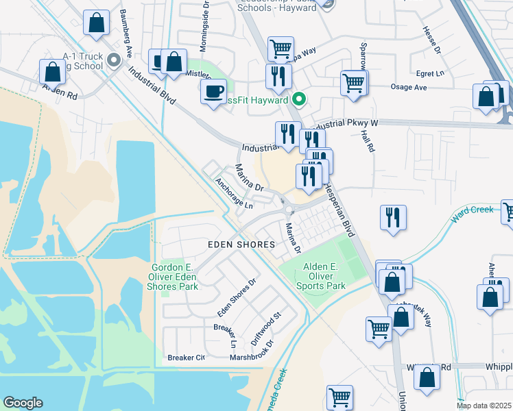 map of restaurants, bars, coffee shops, grocery stores, and more near 2564 Anchorage Place in Hayward