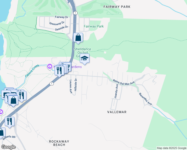 map of restaurants, bars, coffee shops, grocery stores, and more near 191 Winona Avenue in Pacifica