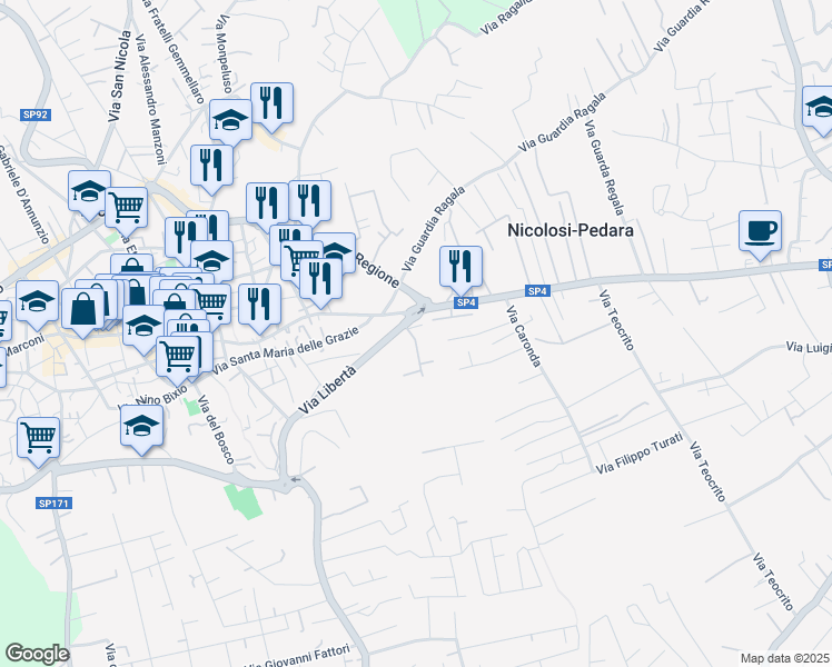 map of restaurants, bars, coffee shops, grocery stores, and more near 232 Via Libertà in Mascalucia