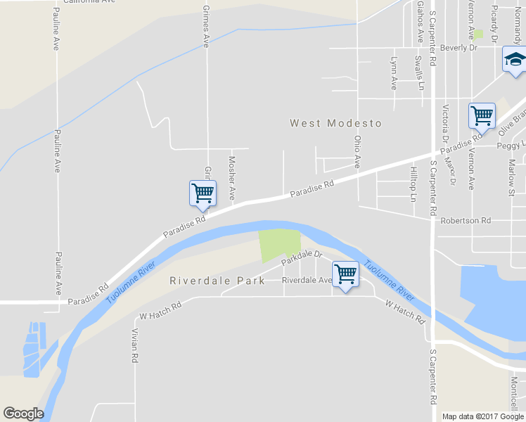 map of restaurants, bars, coffee shops, grocery stores, and more near 2228 Paradise Road in Modesto