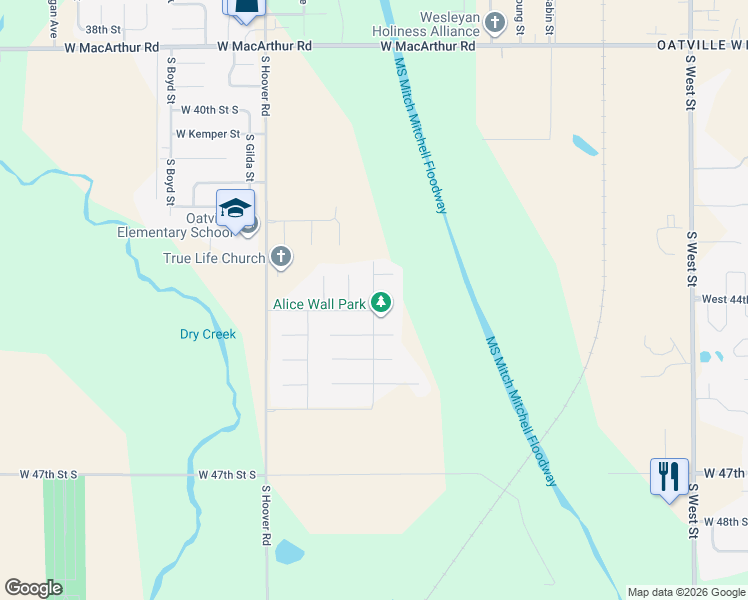 map of restaurants, bars, coffee shops, grocery stores, and more near South Doris Street in Wichita