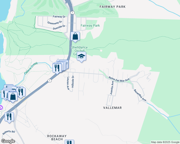 map of restaurants, bars, coffee shops, grocery stores, and more near 191 Winona Avenue in Pacifica