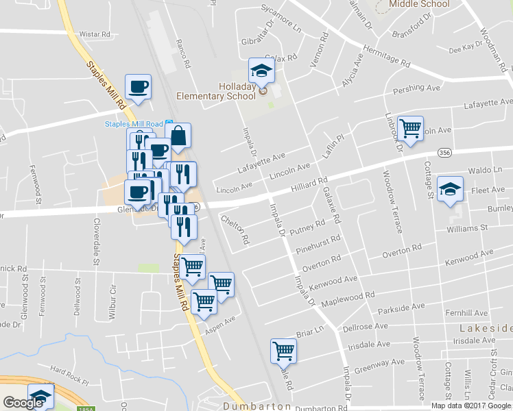 map of restaurants, bars, coffee shops, grocery stores, and more near 3009 Hilliard Road in Richmond