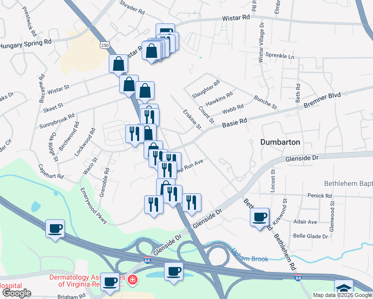 map of restaurants, bars, coffee shops, grocery stores, and more near 3001 Bethlehem Road in Richmond