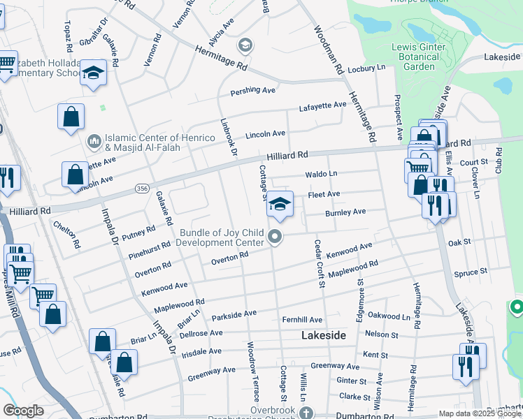 map of restaurants, bars, coffee shops, grocery stores, and more near 6714 Cottage Street in Richmond