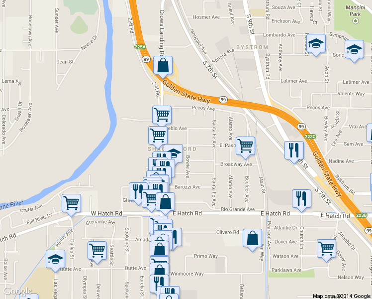 map of restaurants, bars, coffee shops, grocery stores, and more near 212 El Paso Avenue in Modesto