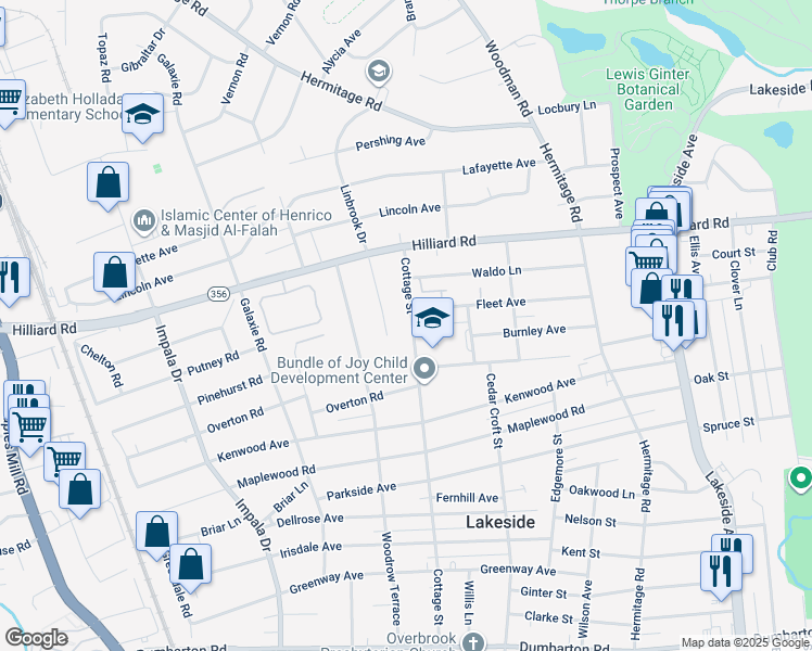 map of restaurants, bars, coffee shops, grocery stores, and more near 6714 Cottage Street in Richmond