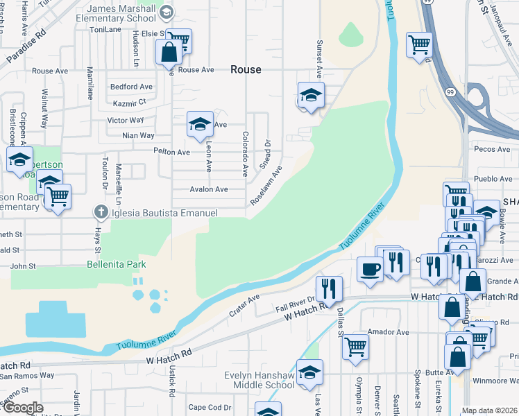 map of restaurants, bars, coffee shops, grocery stores, and more near 1209 Roselawn Avenue in Modesto