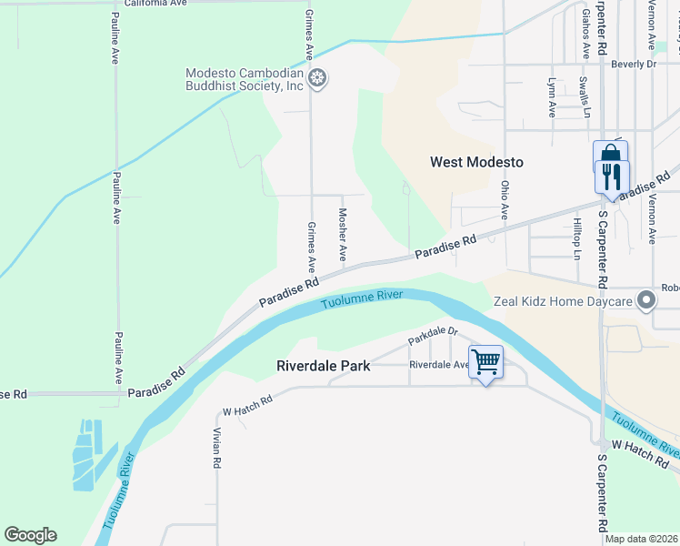 map of restaurants, bars, coffee shops, grocery stores, and more near 2413 Paradise Road in Modesto