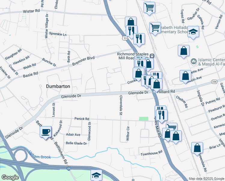 map of restaurants, bars, coffee shops, grocery stores, and more near 7001 Aspen View Drive in Richmond