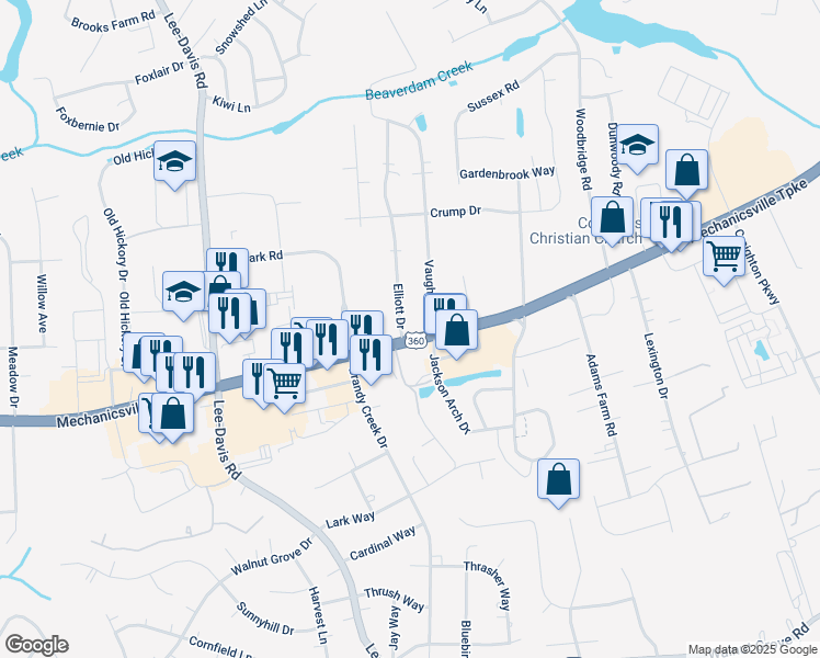 map of restaurants, bars, coffee shops, grocery stores, and more near 7956 Elliott Drive in Mechanicsville