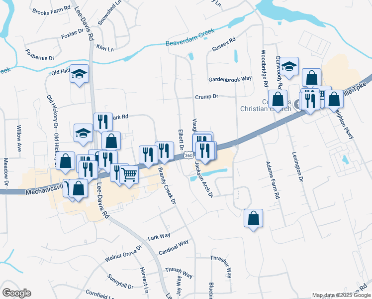 map of restaurants, bars, coffee shops, grocery stores, and more near 7956 Elliott Drive in Mechanicsville