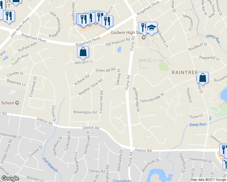 map of restaurants, bars, coffee shops, grocery stores, and more near 1805 Oakway Drive in Richmond
