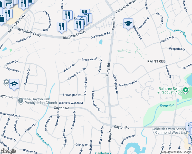 map of restaurants, bars, coffee shops, grocery stores, and more near 1805 Oakway Drive in Richmond