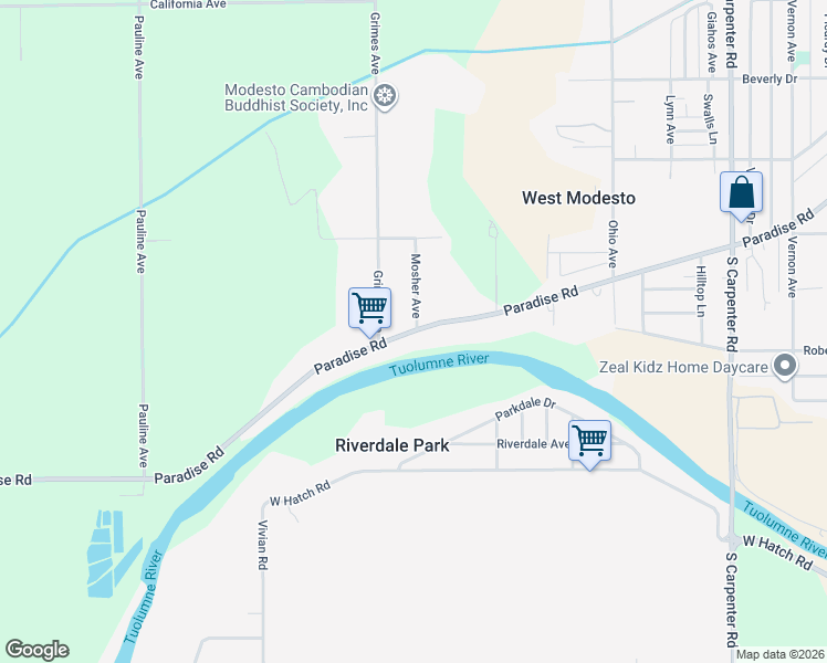 map of restaurants, bars, coffee shops, grocery stores, and more near 2413 Paradise Road in Modesto