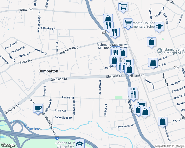 map of restaurants, bars, coffee shops, grocery stores, and more near 7001 Aspen View Drive in Richmond