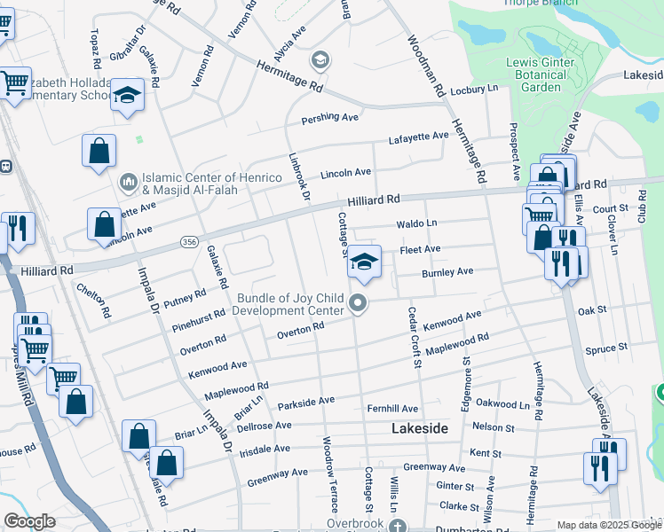 map of restaurants, bars, coffee shops, grocery stores, and more near 6715 Linbrook Drive in Richmond