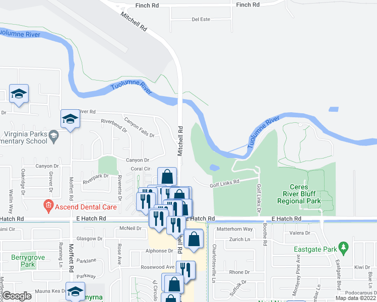 map of restaurants, bars, coffee shops, grocery stores, and more near 1230 Mitchell Road in Modesto