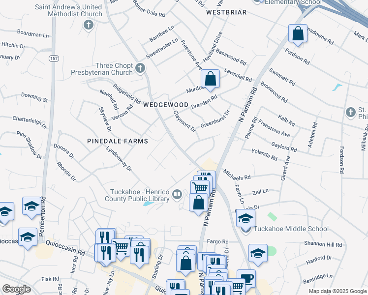 map of restaurants, bars, coffee shops, grocery stores, and more near 1800 Windsordale Drive in Richmond