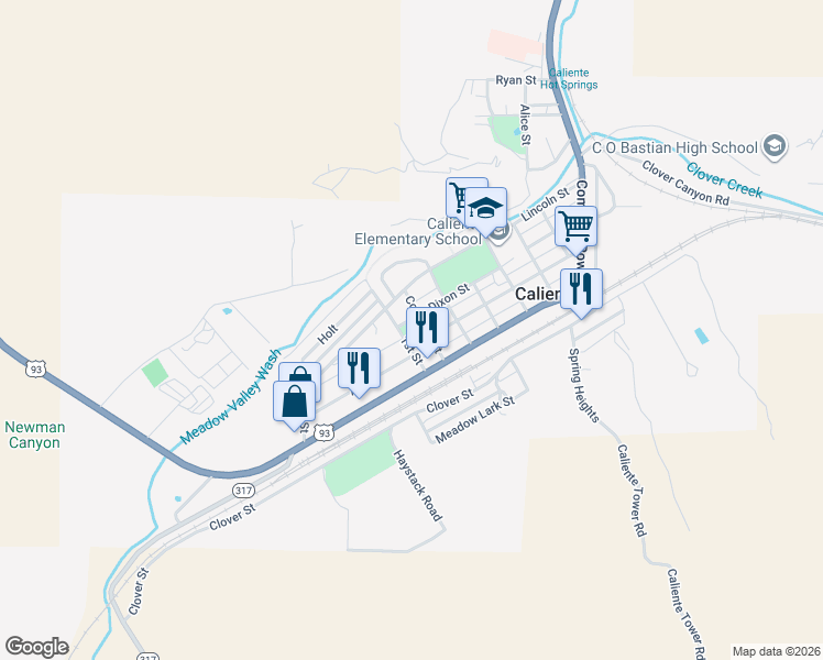 map of restaurants, bars, coffee shops, grocery stores, and more near 642 Dixon Street in Caliente