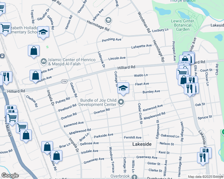 map of restaurants, bars, coffee shops, grocery stores, and more near 6715 Linbrook Drive in Richmond