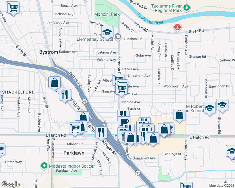 map of restaurants, bars, coffee shops, grocery stores, and more near 1238 Sam Avenue in Modesto