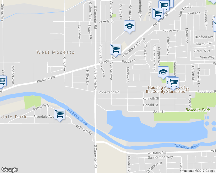 map of restaurants, bars, coffee shops, grocery stores, and more near 1923 Vernon Avenue in Modesto