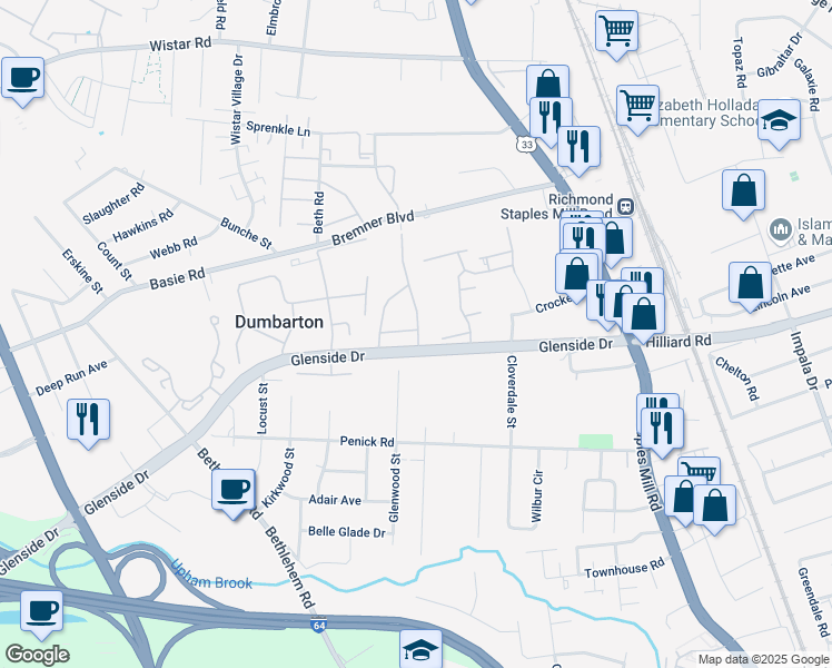 map of restaurants, bars, coffee shops, grocery stores, and more near 4705 Fox Rest Drive in Richmond