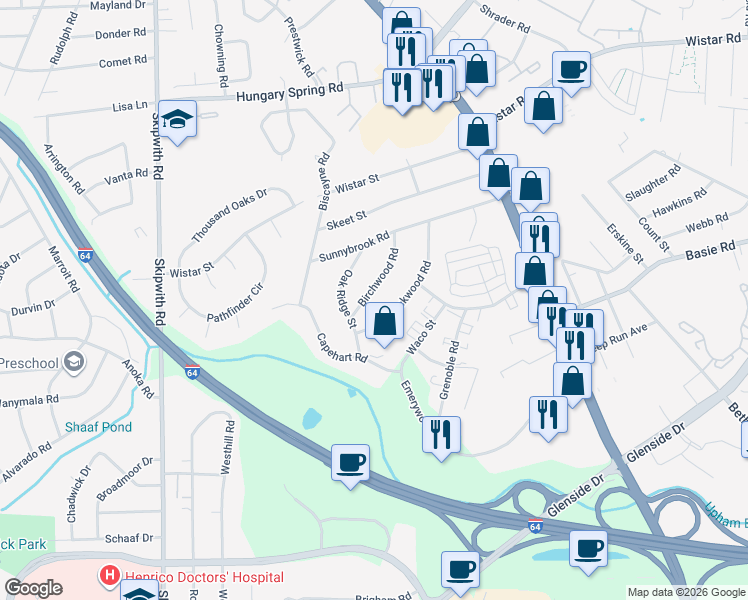 map of restaurants, bars, coffee shops, grocery stores, and more near 2407 Birchwood Road in Richmond