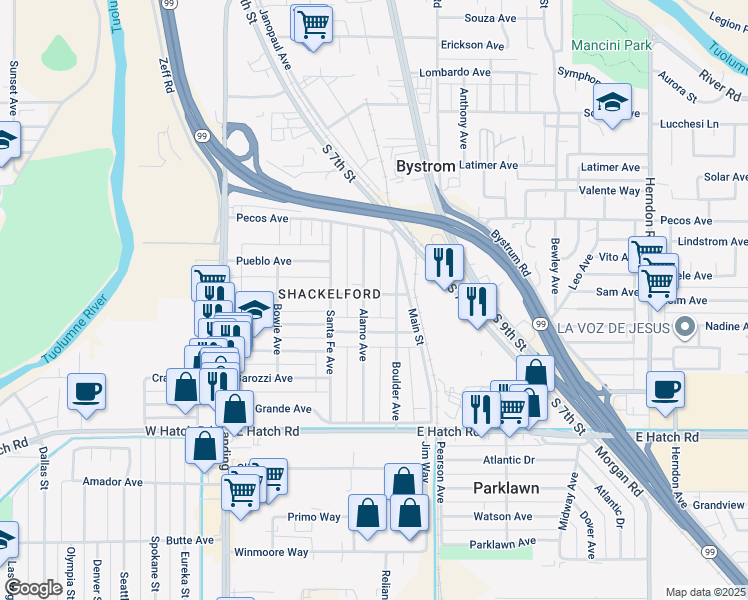 map of restaurants, bars, coffee shops, grocery stores, and more near 1102 Alamo Avenue in Modesto