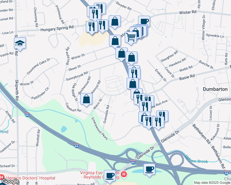map of restaurants, bars, coffee shops, grocery stores, and more near 2665 Saint Elias Drive in Henrico
