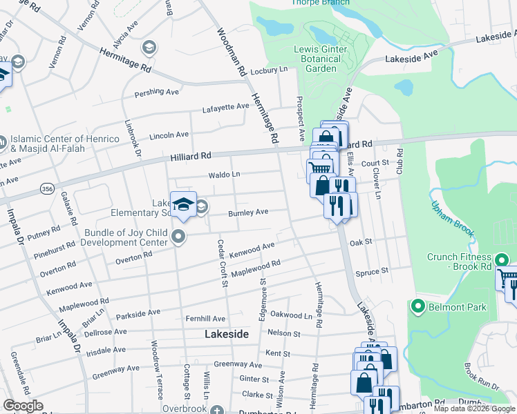 map of restaurants, bars, coffee shops, grocery stores, and more near 2310 Burnley Ave in Richmond