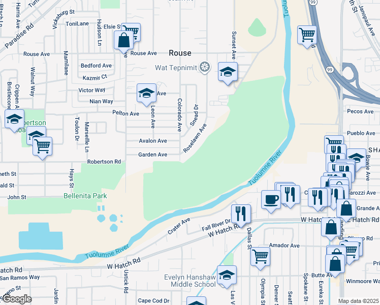 map of restaurants, bars, coffee shops, grocery stores, and more near 1209 Roselawn Avenue in Modesto
