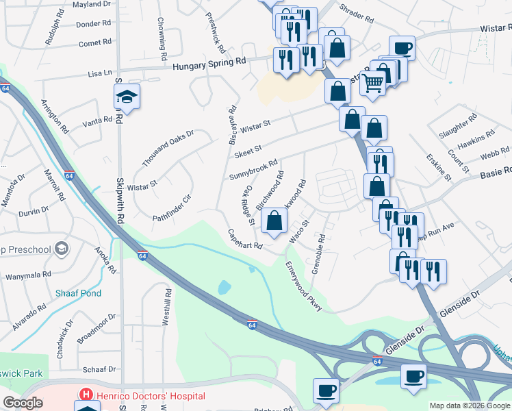 map of restaurants, bars, coffee shops, grocery stores, and more near 2407 Birchwood Road in Richmond