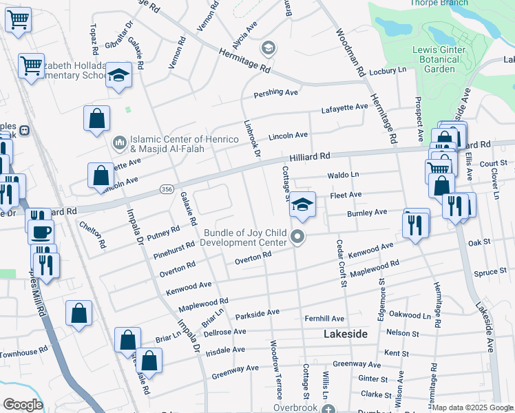 map of restaurants, bars, coffee shops, grocery stores, and more near 6915 Woodrow Terrace in Henrico