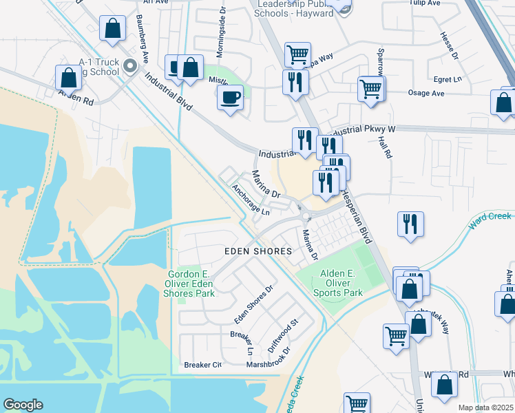 map of restaurants, bars, coffee shops, grocery stores, and more near 28584 Anchorage Lane in Hayward