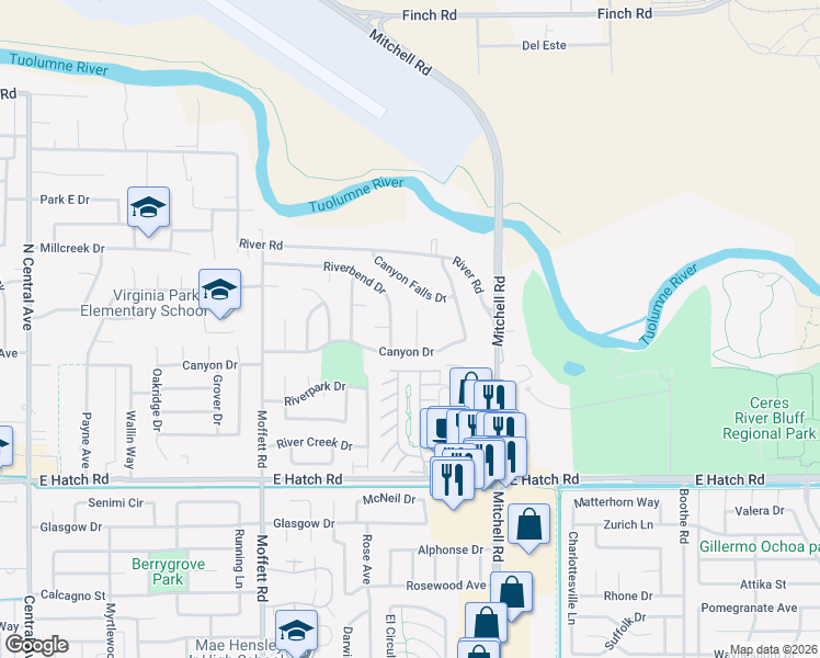 map of restaurants, bars, coffee shops, grocery stores, and more near 1219 Snow Ridge Court in Modesto