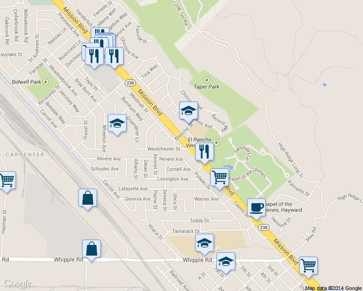 map of restaurants, bars, coffee shops, grocery stores, and more near 464 Westchester St in Hayward