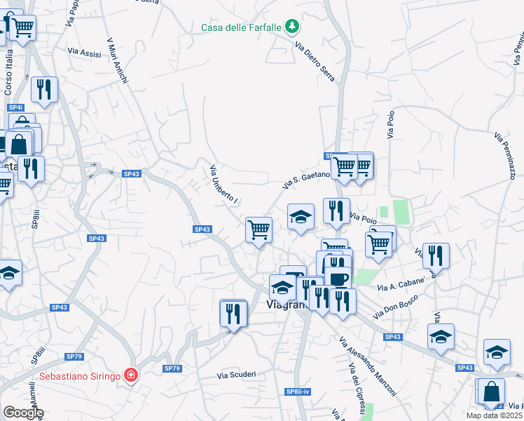 map of restaurants, bars, coffee shops, grocery stores, and more near 67 Via San Gaetano in Viagrande